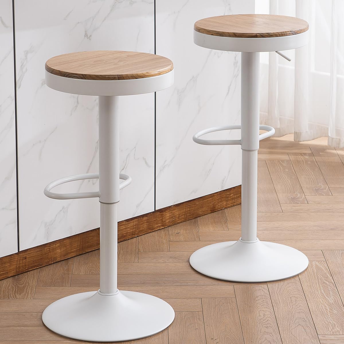 Kidol & Shellder Bar Stools Set of 2 Round Adjustable Swivel Barstools Modern Backless Bar Chairs Wooden Seat Counter Height Stools Armless for