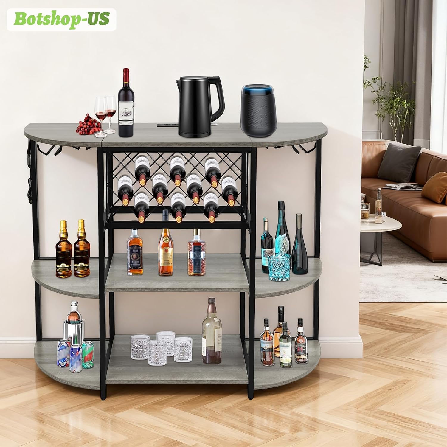 Gdrasuya10 Modern Metal Coffee Bar Cabinet with Outlet and LED Light Wine Rack Table Freestanding Floor Liquor Table with Glass Holder & Storage Shleves for Kitchen Dining Room, Gray