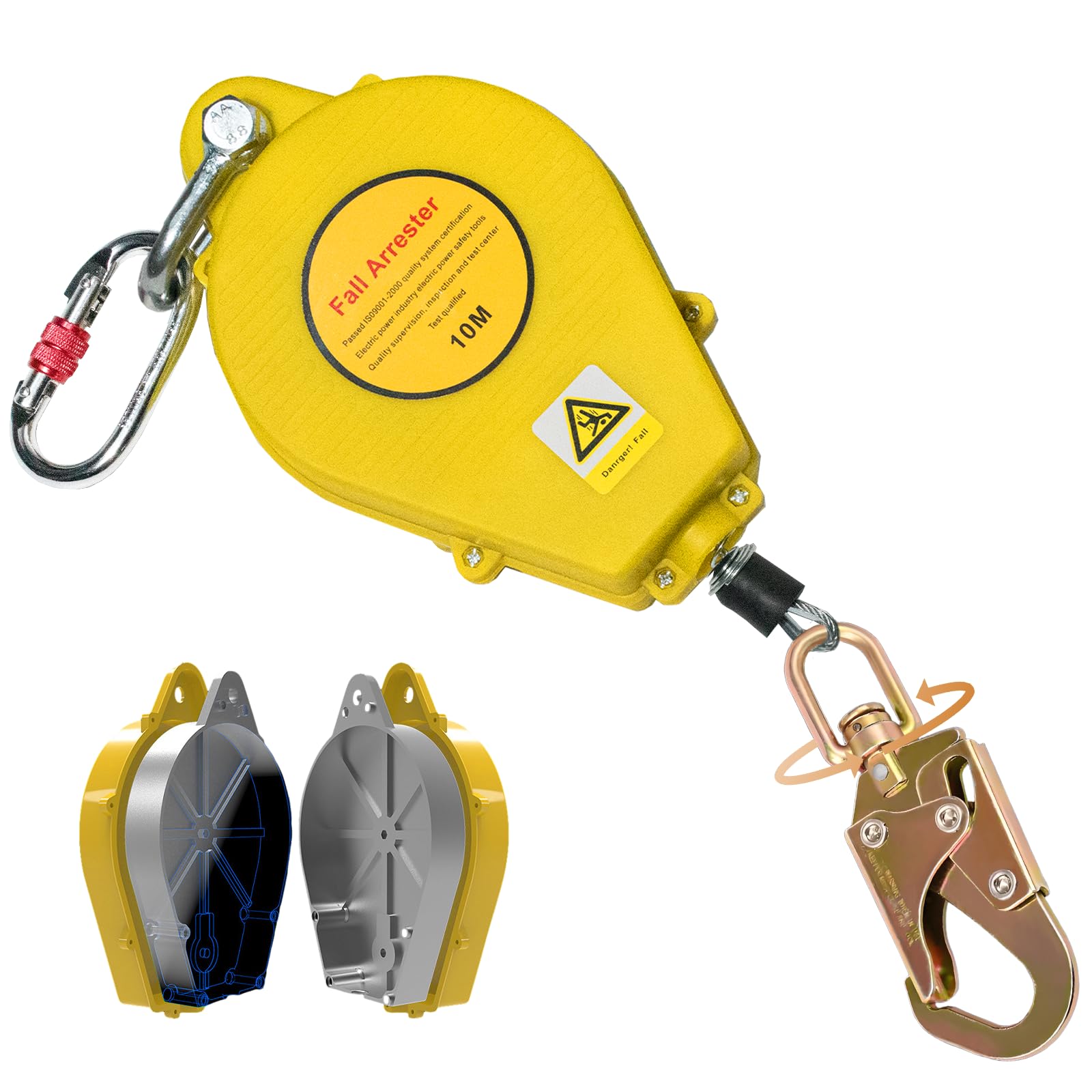 Arnes Linea de Vida Retractil Tejado, 10m Dispositivo Anticaida Retractil Homologado, 150kg Arnes Seguridad Anticaidas Retractil para Trabajo Altura y Tejado con Gancho Giratorio(Amarillo,10m)