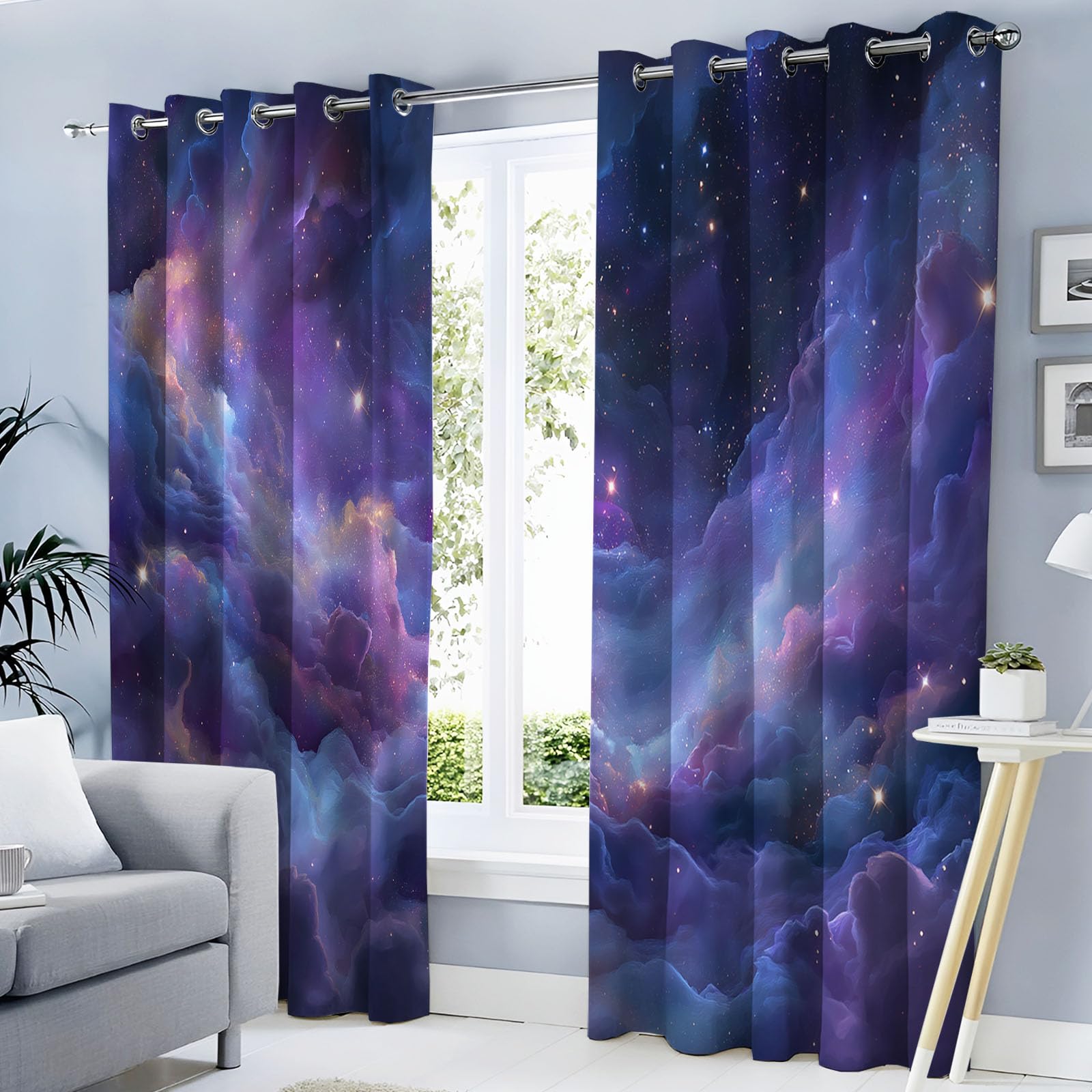 Rideau occultant violet 140x175 cm avec motif espace nébuleuse et œillets pour fenêtre