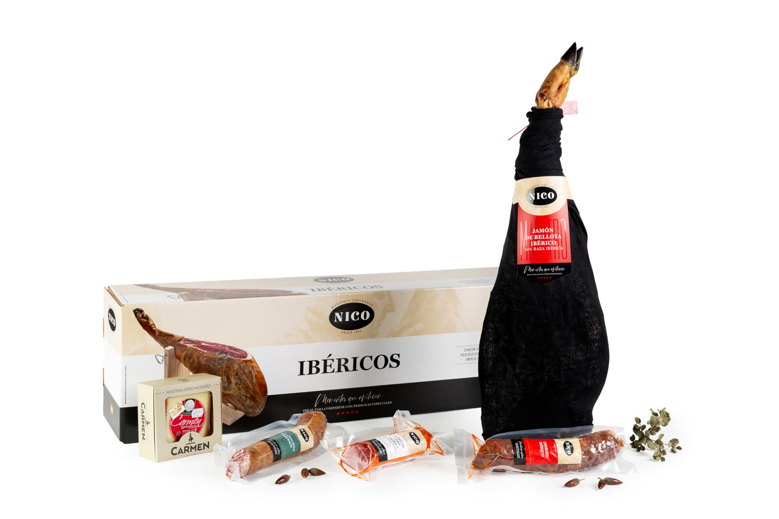 Nico Jamones - LOTE JAMÓN DE BELLOTA IBÉRICO - 50% RAZA IBÉRICA min. 27 meses de curación + Lomo Cebo Ibérico+ Salchichón Ibérico + Chorizo Ibérico+ Queso de Oveja + Caja decorada
