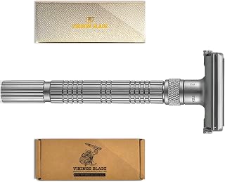 Adjustable Double Edge Safety Razor, The Crusader by VIKINGS BLADE, Long Handle, Butterfly Twist-To-Open Head, Eco Friendly, Luxury Leatherette Case. Smooth, Close, Clean Shaving (Frosted Chrome)
