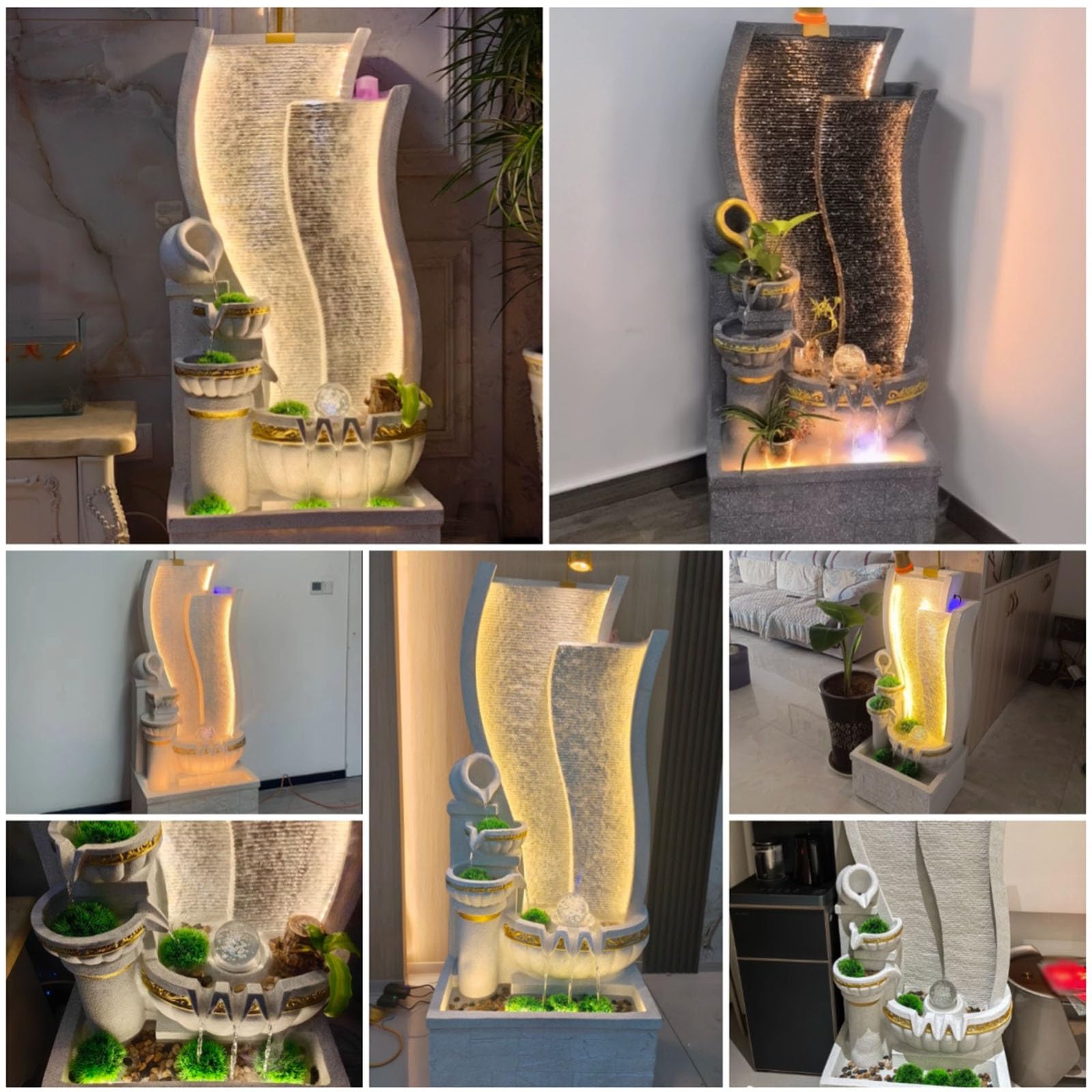 Fuente de agua para jardín al aire libre con luces LED, cascada moderna cascada de resina, decoración de lujo para patio y porche