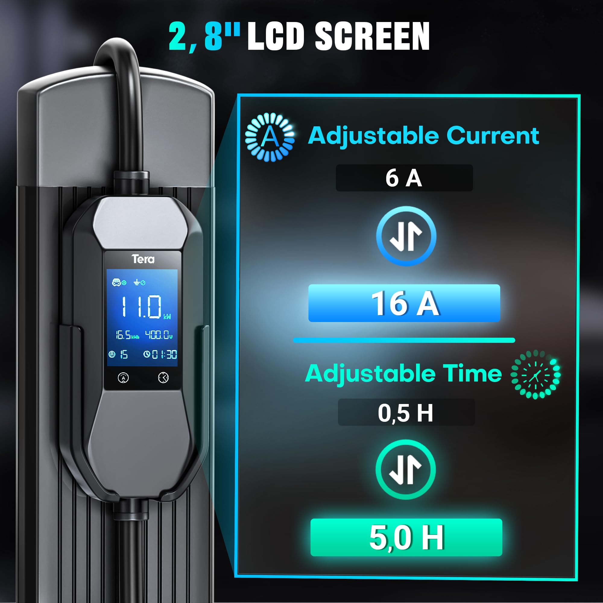 Tera Mobile Wallbox EV Ladegerät Ladestation : 11kW CEE 16A auf Typ 2 IP66 3-Phasig 7.5m 2,8” Steuerbarer Digitalanzeige für Model Y/3, ID.3/4/5, MG4, EX30, e-up, e-tron, Zoe und Andere EV P06