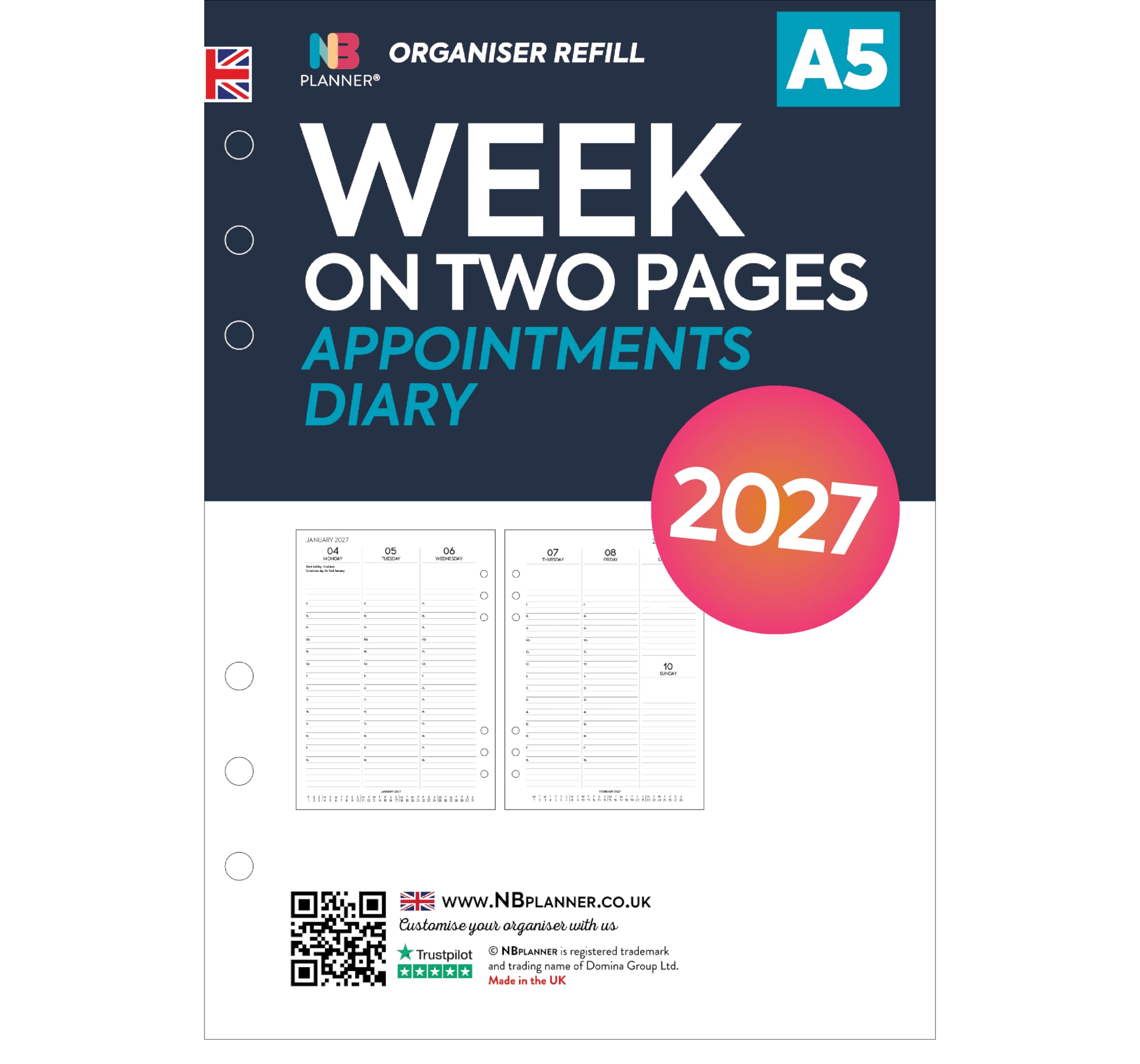 2027 A5 size Week on two pages appointments diary refill insert | January 2027 โ December 2027| Compatible with A5 size 6-ring organisers | 148 x 210mm โ image 1