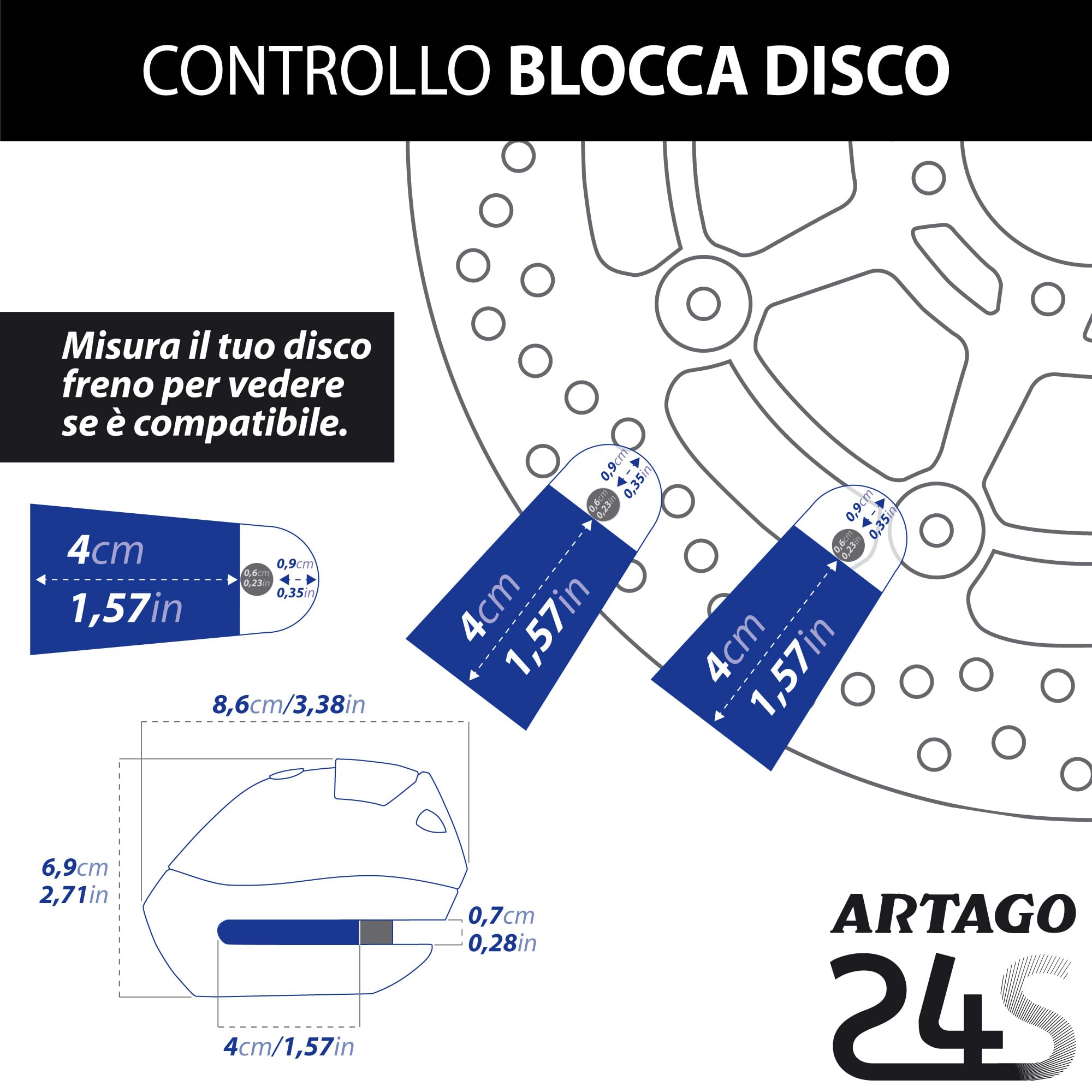 Artago 24S.6M Antifurto Moto Blocca Disco, Allarme 120 Db Avviso Smart, ø 6 mm, Metallico, Universale Moto Scooter Bici