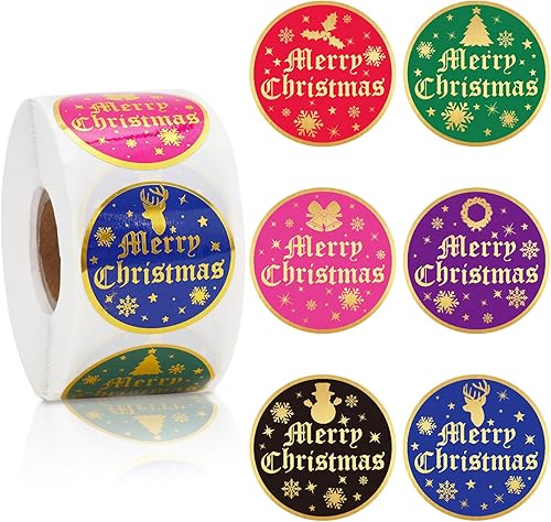 AnyDesign - 600 calcomanías de Feliz Navidad, 6 colores, sellos de sobres de lámina dorada, árbol de Navidad, copo de nieve, vacaciones de invierno,
