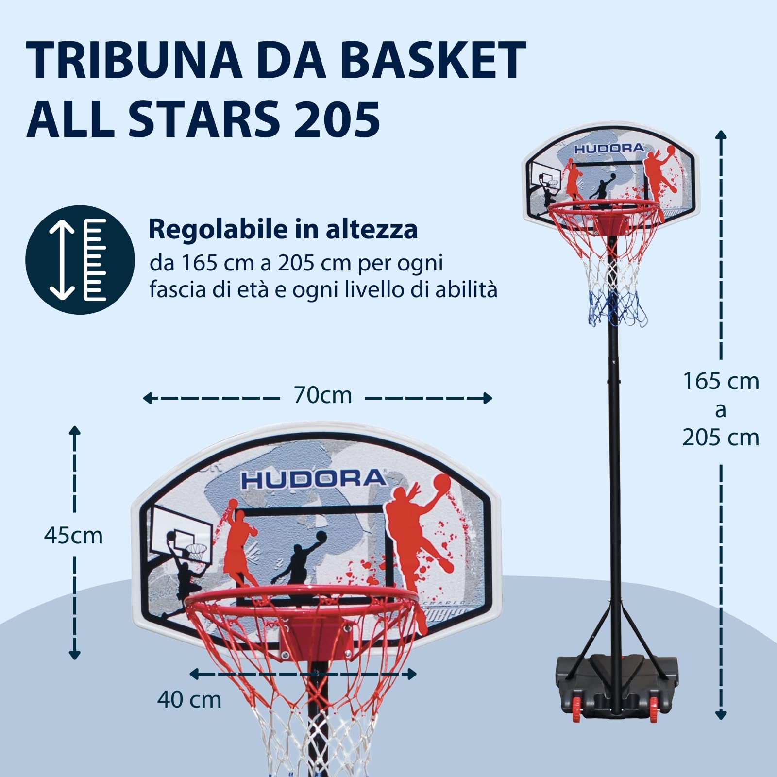 HUDORA Basketballsänder All Stars 205 - Basketballkorb Höhenverstellbar, sicher, langlebig - Mobil Basketball Spielen - Maximaler Ballsport-Spaß