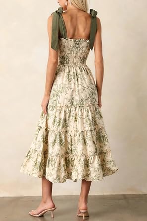 Women Y2k Floral Smocked Maxi Dress Bow Tie Shoulder Tiered Ruffle Midi Sun Dress Boho Casual Beach Long Dresses