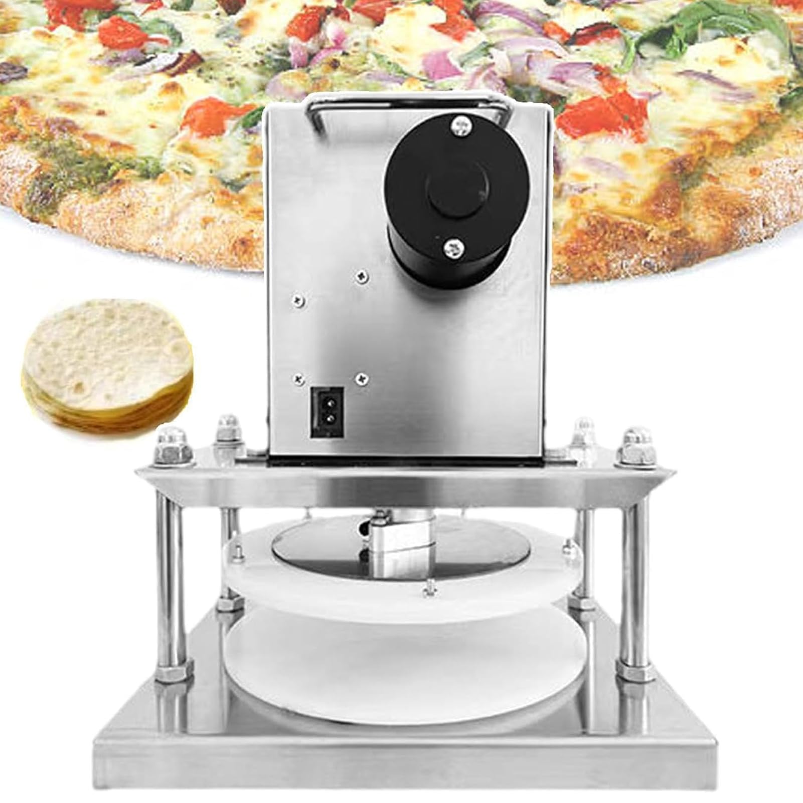 Pressa Elettrica per Pizze & Dolci con Sfogliatrice 25cm, Superficie Antiaderente, 400 Pezzi/Ora, Attrezzatura Professionale Acciaio Inox per Pizzerie e Laboratori