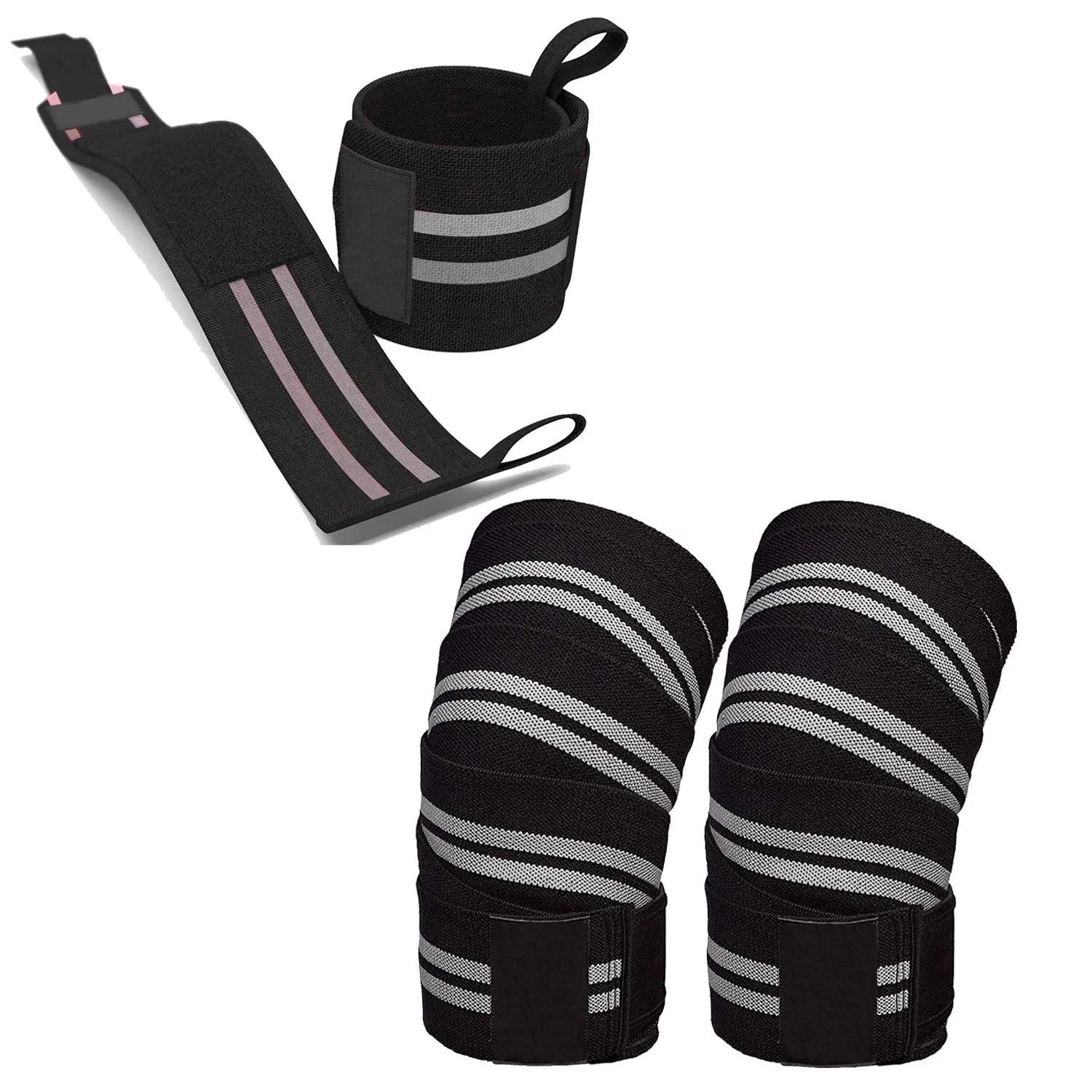 Raisons Combo Knee Wraps, Wrist Band Support Straps for Gym Workout, Weightlifting, and Exercise for Men, Women Wrist Band and Knee Band for Gym Grey