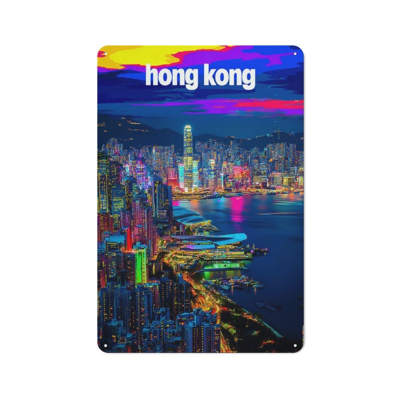 Junmoney Vibrant Hong Kong Nightscape -3 Rustic Tin Wall Plaque 30X20cm For Café Or Restaurant, For Kitchen, Dining Room And Home Bar Wall Decor