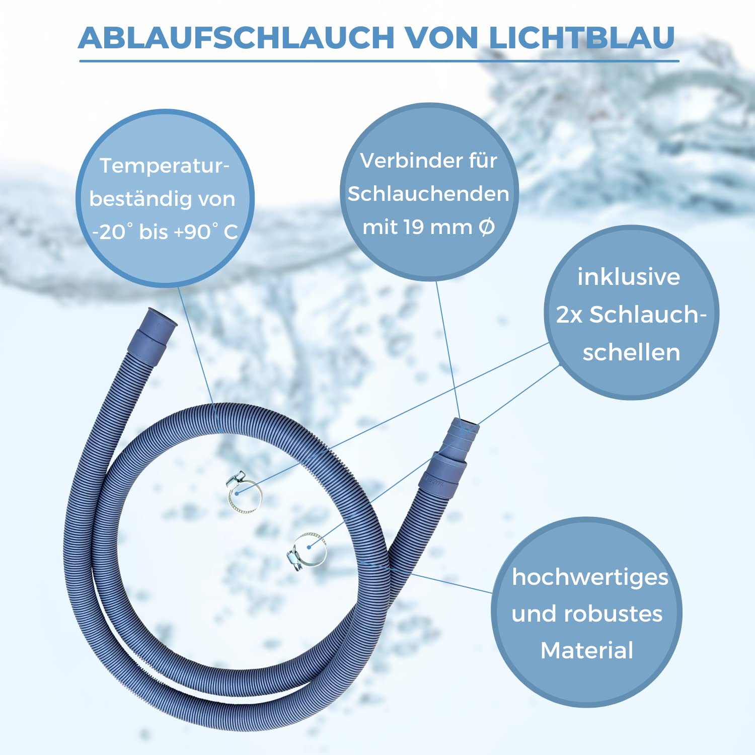 LICHTBLAU Ablaufschlauch Verlängerung 3m Waschmaschine Geschirrspüler | Komplettes Set inkl. Schlauchschellen I Wasserablaufschlauch universell verwendbar Hersteller unabhängig,