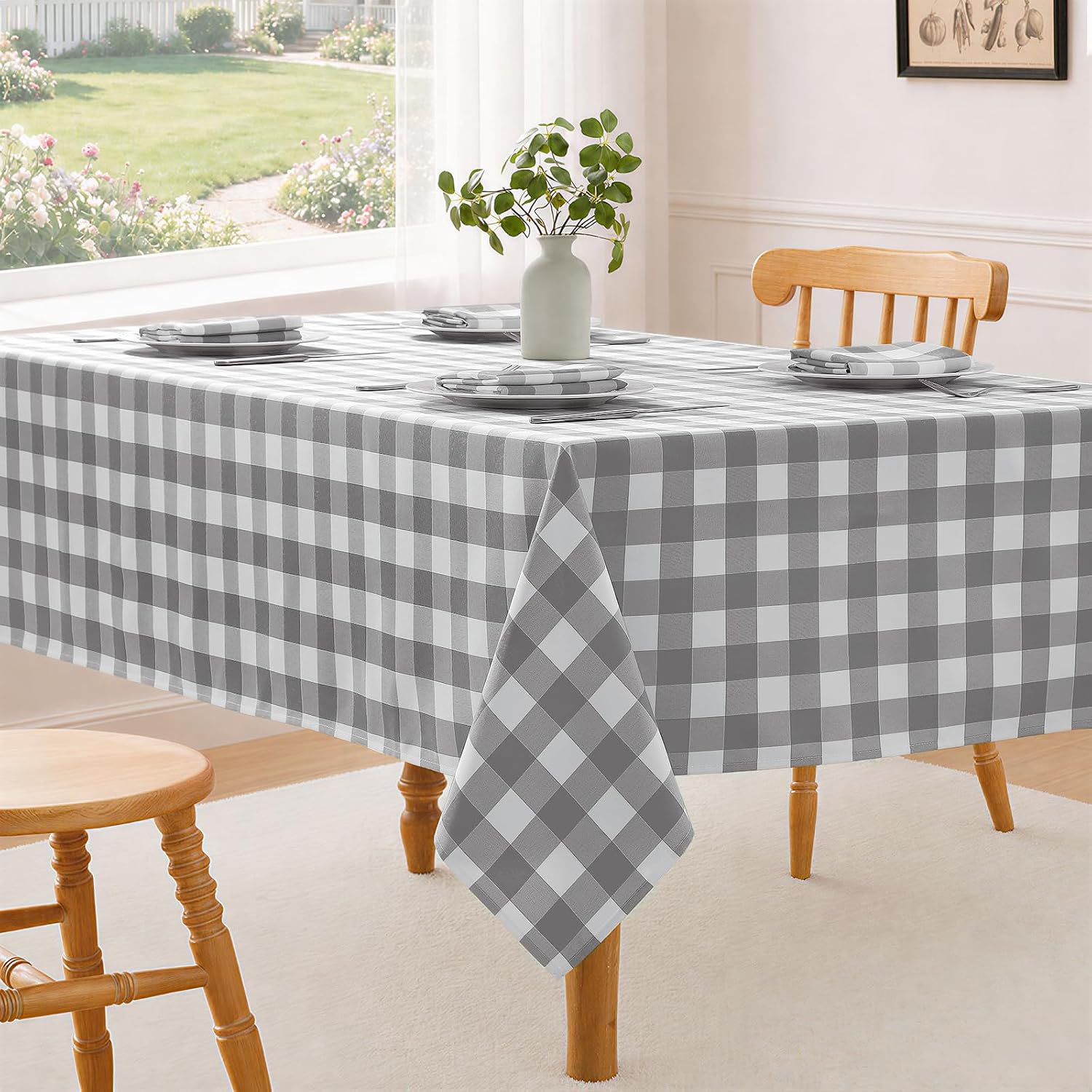 Veblandy Checkered Tablecloth Square Waterproof Gingham Table Cloth Washable Buffalo Plaid Table Cover Wrinkle Free for Kitchen, Dining and Outdoor Picnic, 60 x 60 Inch, Light Grey and White image 2