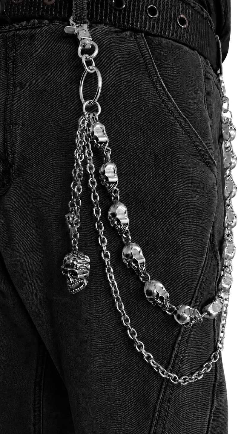 Skull Wallet Chain, Silver Punk Jean Pants Chain for Men Women