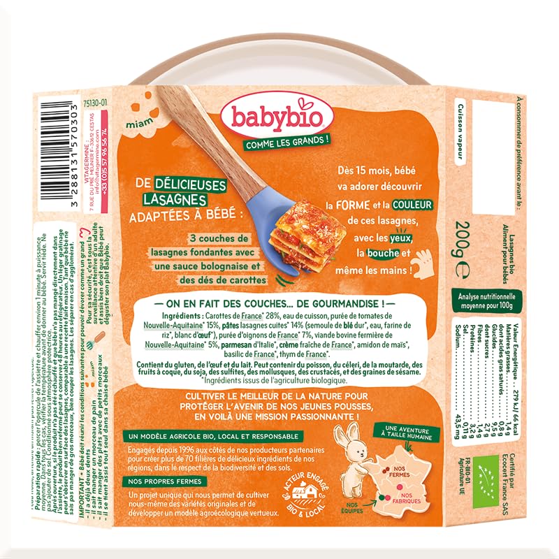 BABYBIO - Assiette Menu - Lasagnes à la bolognaise Bœuf - 15+ mois - BIO