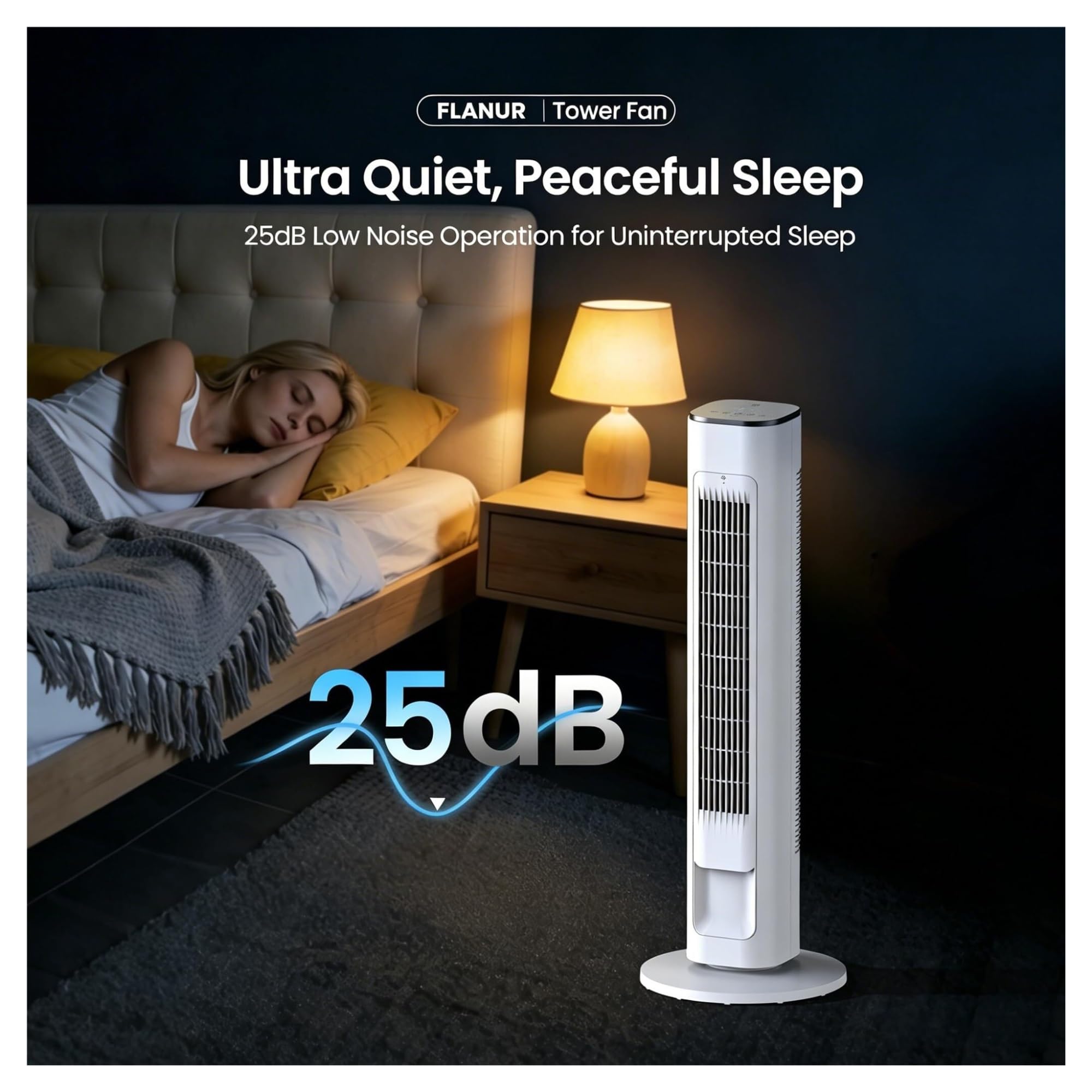 Ventilador de la torre inteligente con el control remoto de la aplicación, 90 diseño oscilante sin cuchillas para la oficina del dormitorio, velocidad del viento de 25 pies/s, modo de suspensión silen