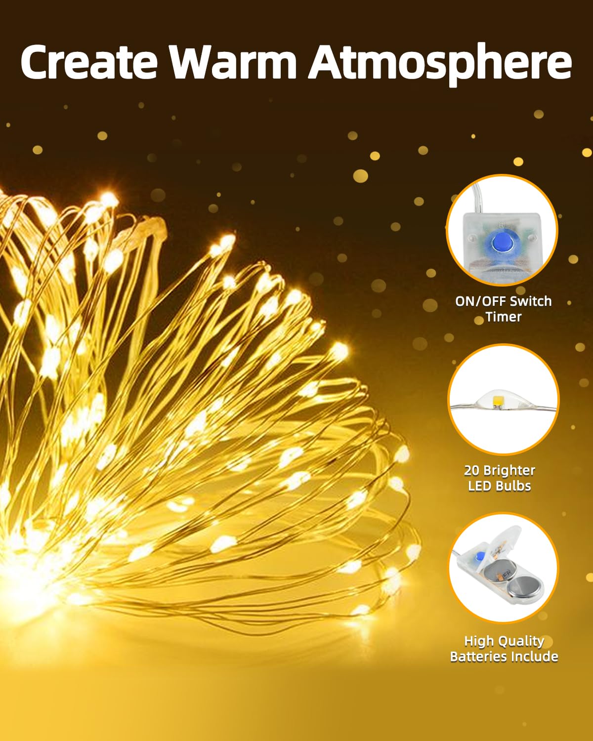 16 unidades de micro luces LED con batería CR2032, IP65, resistente al agua con temporizador, 2 m, 21 ledes, mini cadena de luces LED para interior de jardín, interior, exterior, decoración navideña,