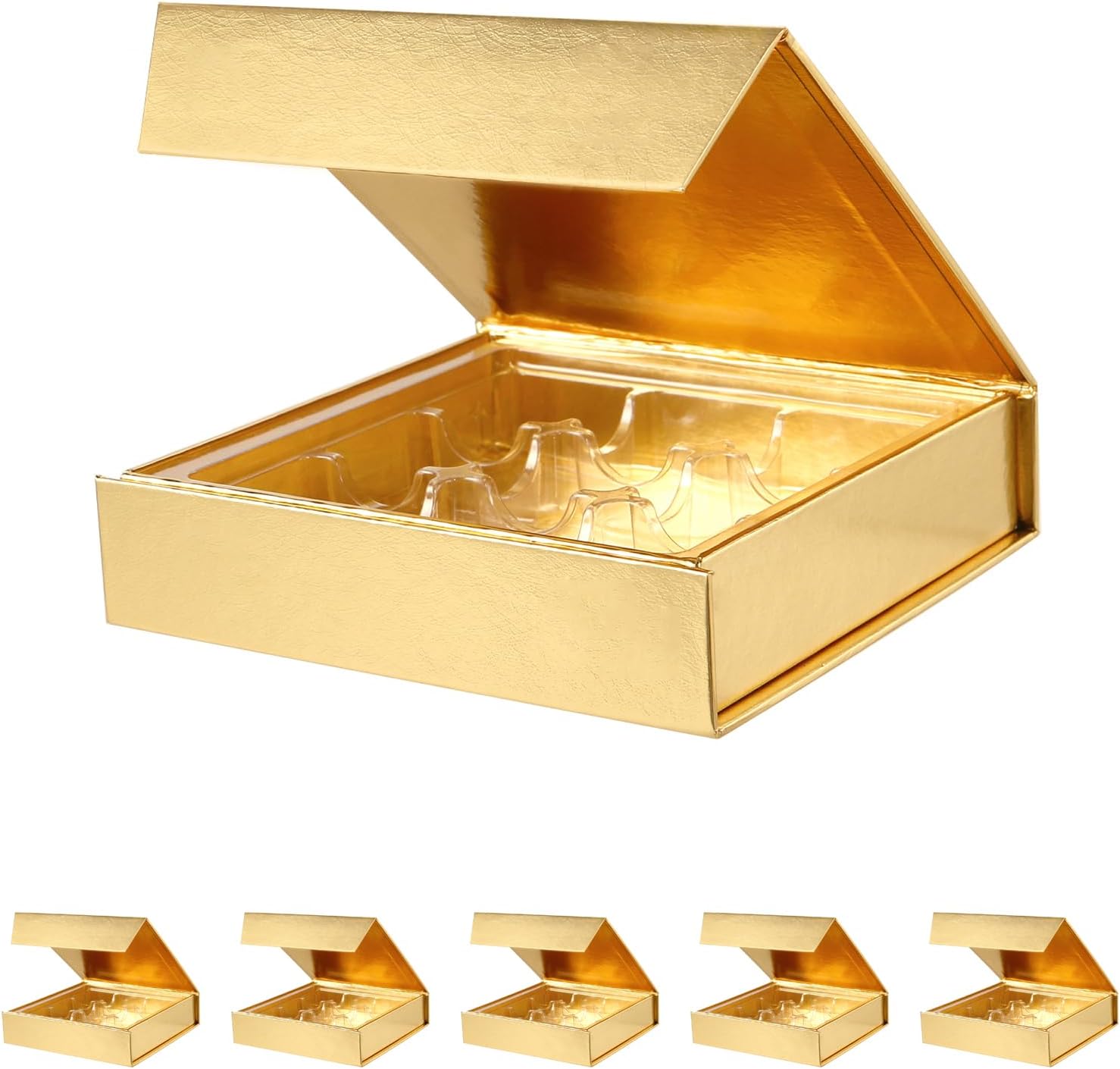 BAKIPACK 6 Truffle Boxes, Chocolates Boxes, Gold Truffle Gift Boxes Packaging with 9-Piece Plastics Tray, Magnetic Closure Lid 5.7x5.7x1.3 Inches