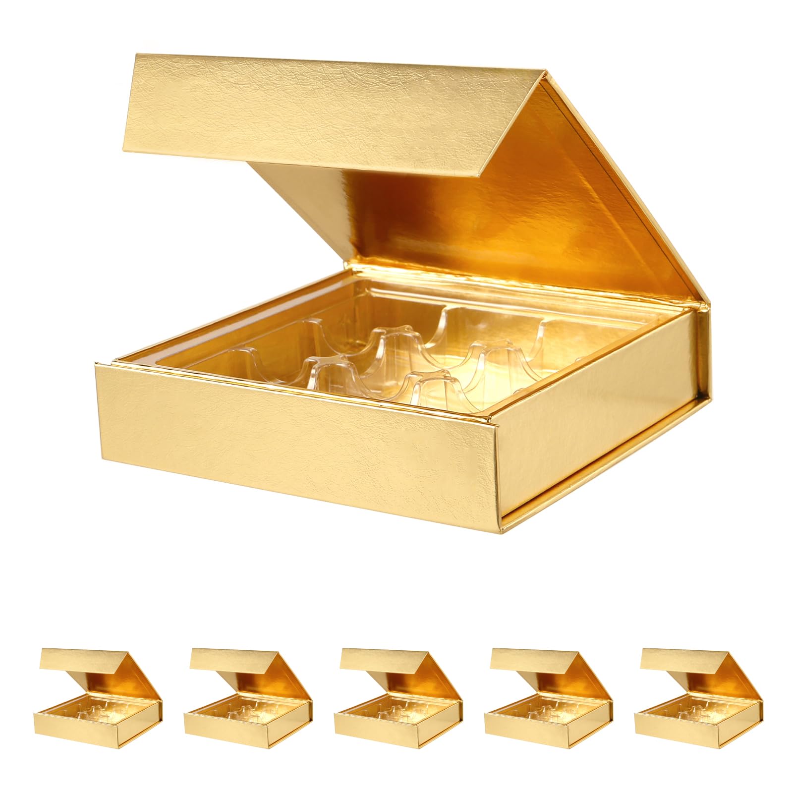 BAKIPACK 6 Truffle Boxes, Chocolates Boxes, Gold Truffle Gift Boxes Packaging with 9-Piece Plastics Tray, Magnetic Closure Lid 5.7x5.7x1.3 Inches