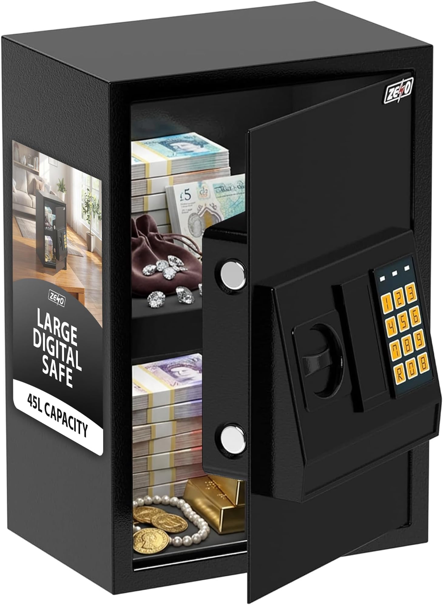 ZENO Large Digital Fireproof Safe Box - 45L Money Safe With Digital Keypad - Perfect for Home Office Hotel Business Jewellery Gun Cash Use