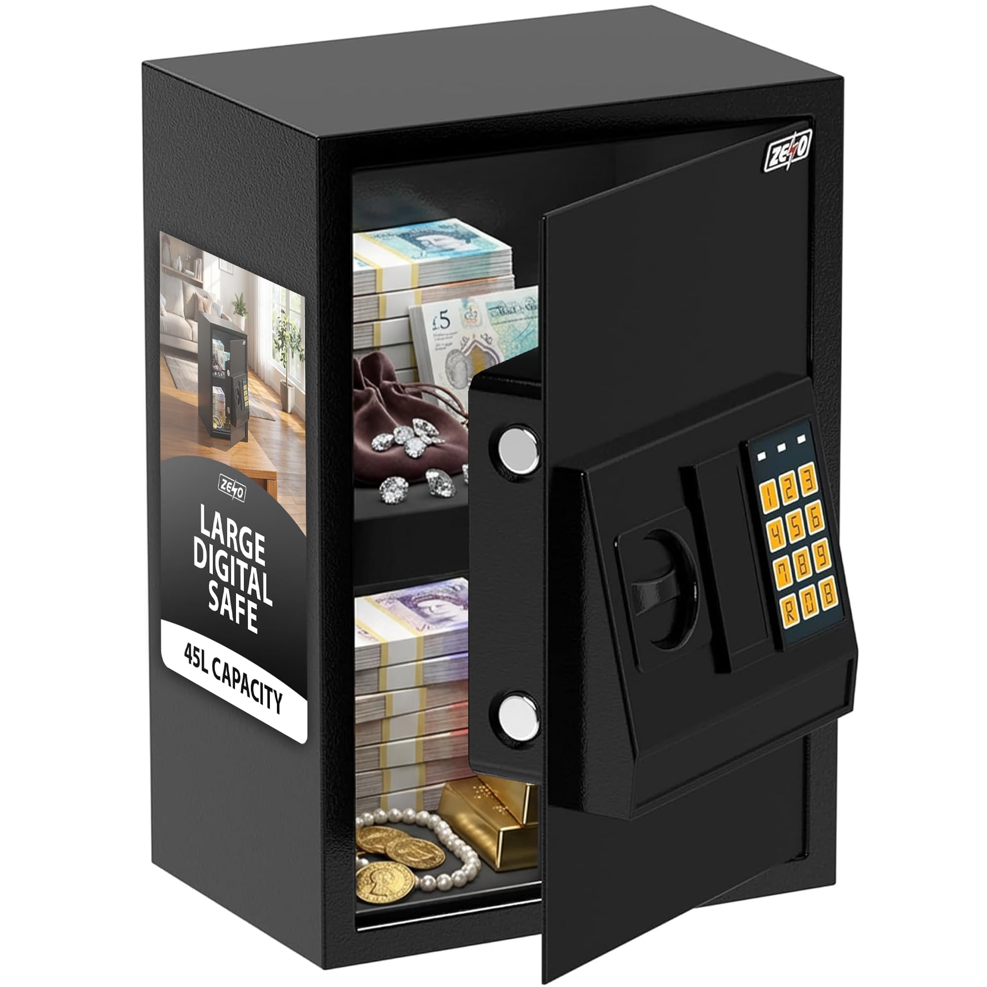 ZENO Large Digital Fireproof Safe Box - 45L Money Safe With Digital Keypad - Perfect for Home Office Hotel Business Jewellery Gun Cash Use