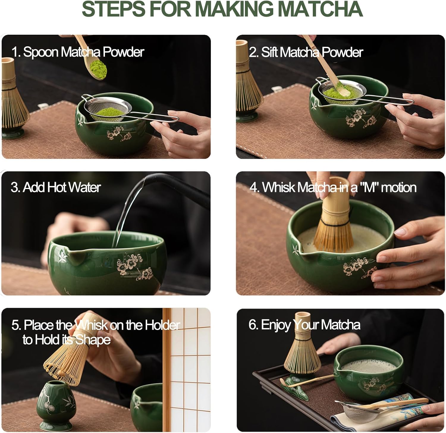 Matcha Whisk Set, Ceramic Matcha Kit Set Includes Matcha Bowl, Matcha Whisk and Holder, Bamboo Scoop and Spoon, Scoop Rest, Sifter and Tea Towel - 8 Pcs Matcha Kit for Matcha Lovers, Green - Image 8