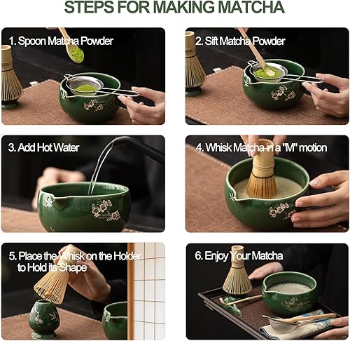 Miniatura 8 de Juego de batidor de matcha, juego de cerámica para matcha que incluye cuenco matcha, batidor de matcha y soporte, kit de 8 piezas para amantes