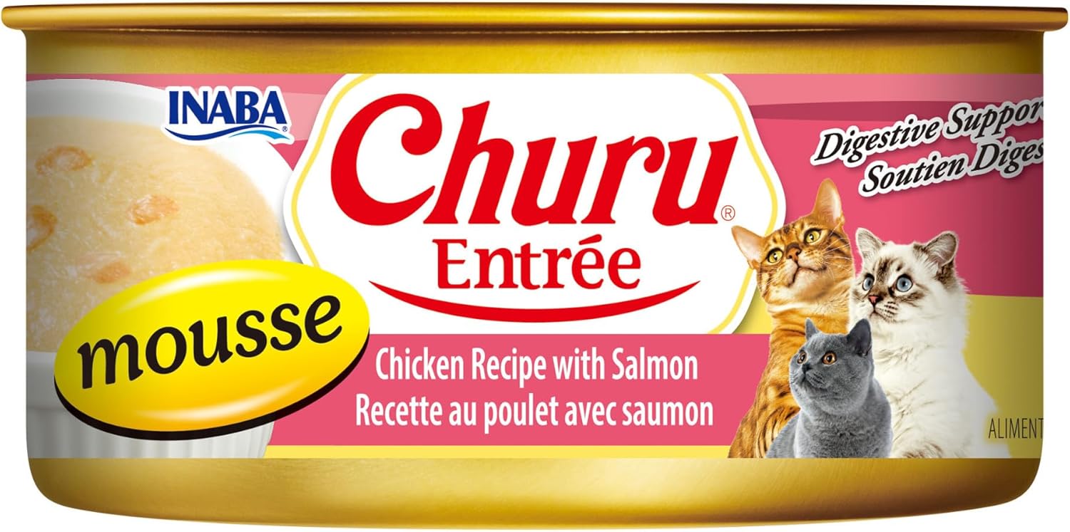 INABA Churu Entrée Mousse for Cats, High Moisture, Prebiotic Wet Cat Food, 5.5oz Cans, 24 Cans Total Chicken Recipe with Salmon
