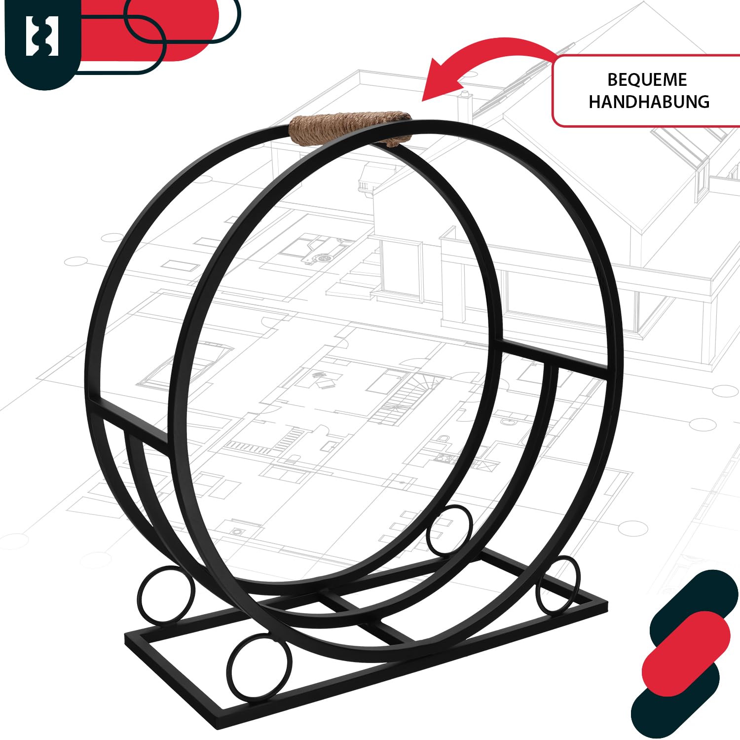 KOTARBAU® Holzkorb für Kaminholz - 55 x 25 x 60 cm - Kaminholzregal für innen & außen - Rund - ⌀ 60 cm - Holz Tragekorb - mit Griff - Metall Korb für Kaminholz - Dekorativ - Stahl - Schwarz