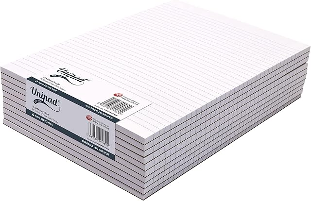 Pukka Pad, A4 Feint Ruled Unipad Memo Pad  Pack of 10-160 Pages Per Pad - 60GSM Unpunched Paper  Glue Top-Bound with Thick Card Back Cover
