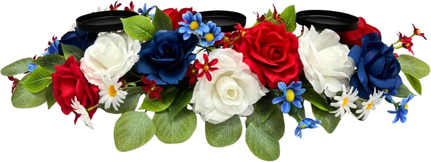 Svndlyn 4th of July Decorations,Patriotic Floral Arrangement Centerpiece for Table,Centerpiece with 3 Candle Holder,Red White and Blue Fake Rose Flowers for Independence Day Home Decor,Memorial Day