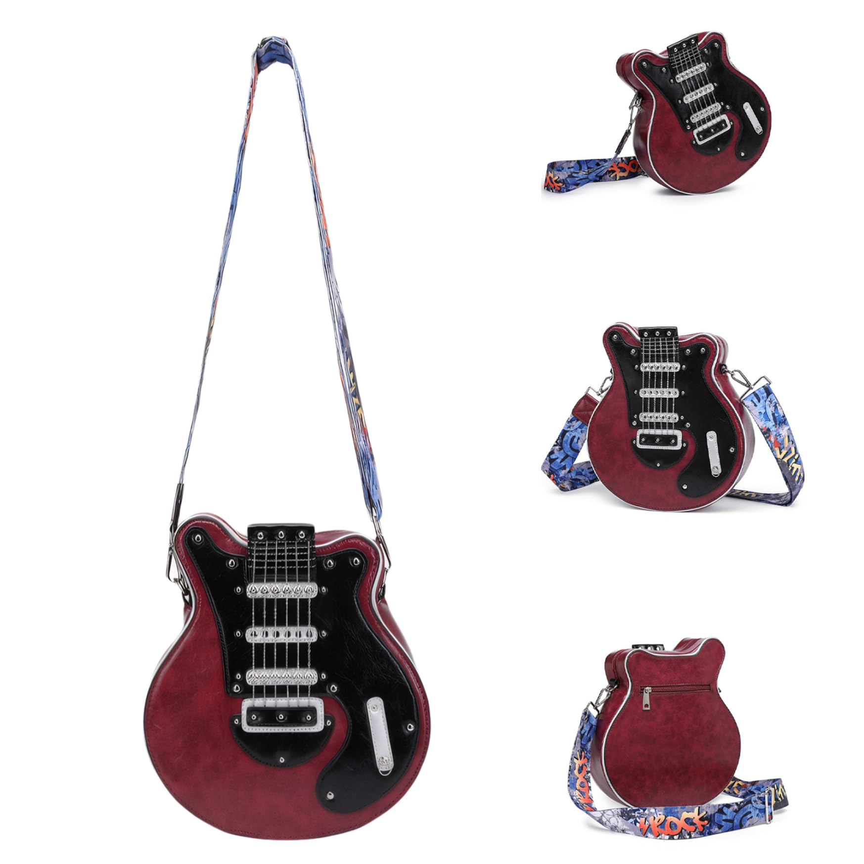 Borsa a tracolla a forma di chitarra Borsa per chitarra Novità Borsa a forma di chitarra rossa vino Borsa a tracolla di grande volume con cerniera Borsa casual alla moda a forma di chitarra per gite,