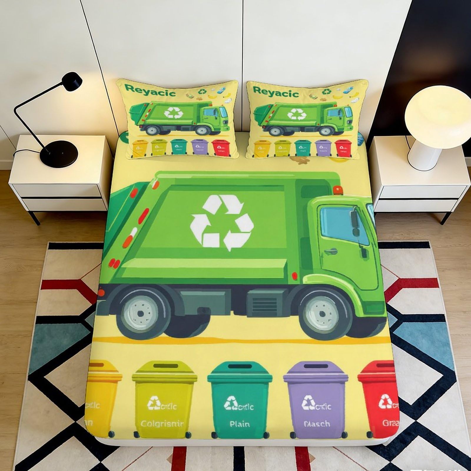 3D Printed Garbage Truck Fitted Sheet Microfiber Soft Cartoon Recycling Bin Mattress Cover for Bedroom Dorm Decor 90x200x25cm