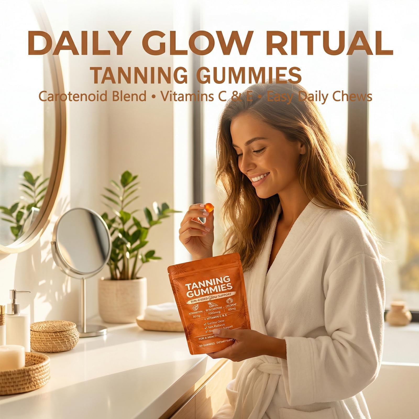 Gommes de Bronzage de la Peau, Mélange bêta-C-arotène et L-Ycopène, Format Gommé de Routine de Beauté, pour un Teint Naturel et éclatant (2 Sacs)