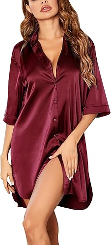 Ekouaer Camisón de satén con botones para mujer, camisón de seda con manga 34, cuello de muesca para novio, ropa de dormir S-3XL