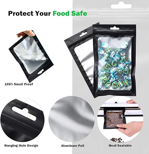 Miniatura 4 de 200 bolsas de Mylar de 5 x 8 pulgadas con cierre de ventana, bolsas de Mylar a prueba de olores para almacenamiento de alimentos, bolsa de embalaje