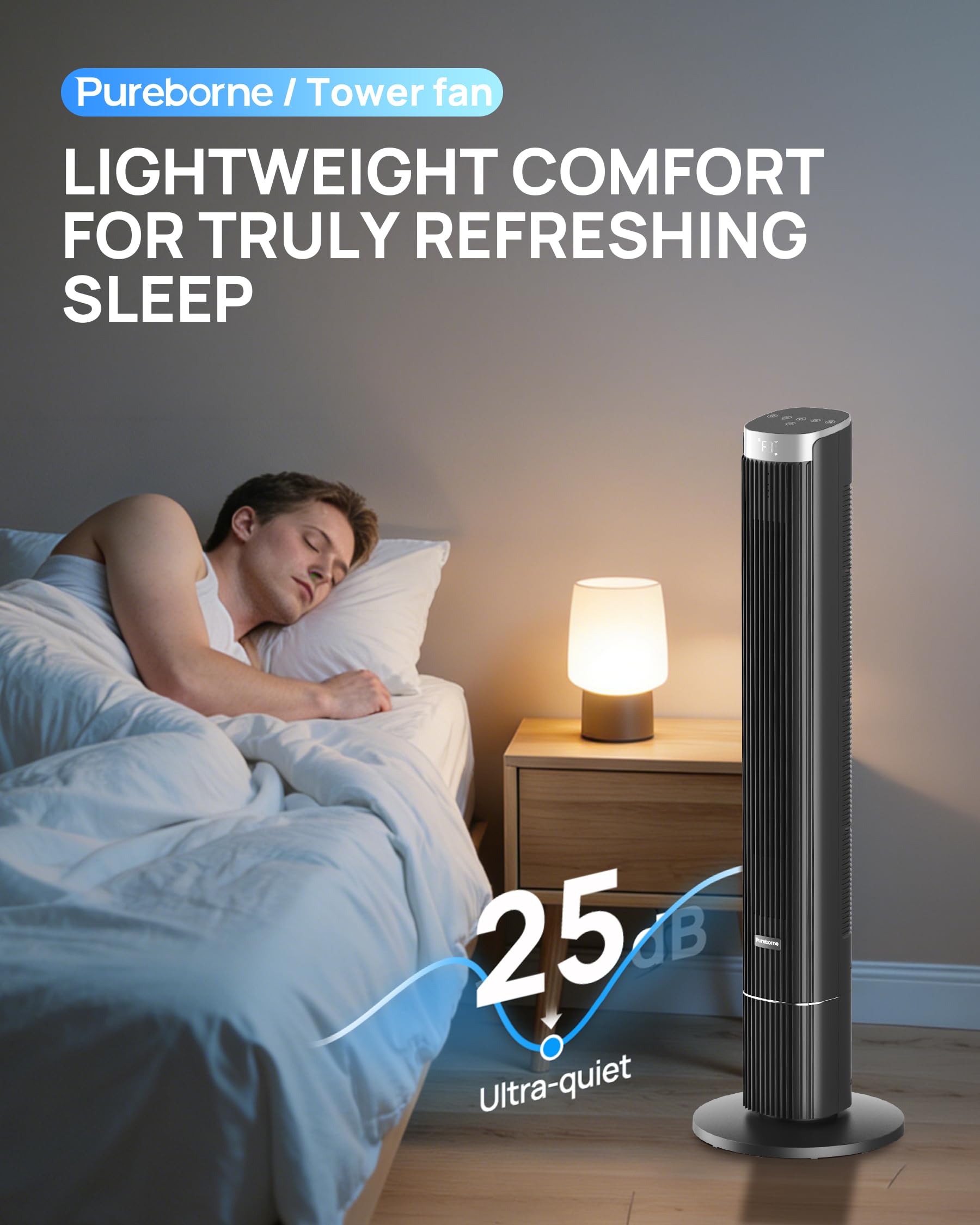 Leiser Ventilator, 25dB Smart Turmventilator, 90° Oszillation Tower Fan, 4 Stufen, 12H Timer Turmventilatoren für Schlafzimmer, 109cm, Schwarz, 1 Pack+ 4 Modi