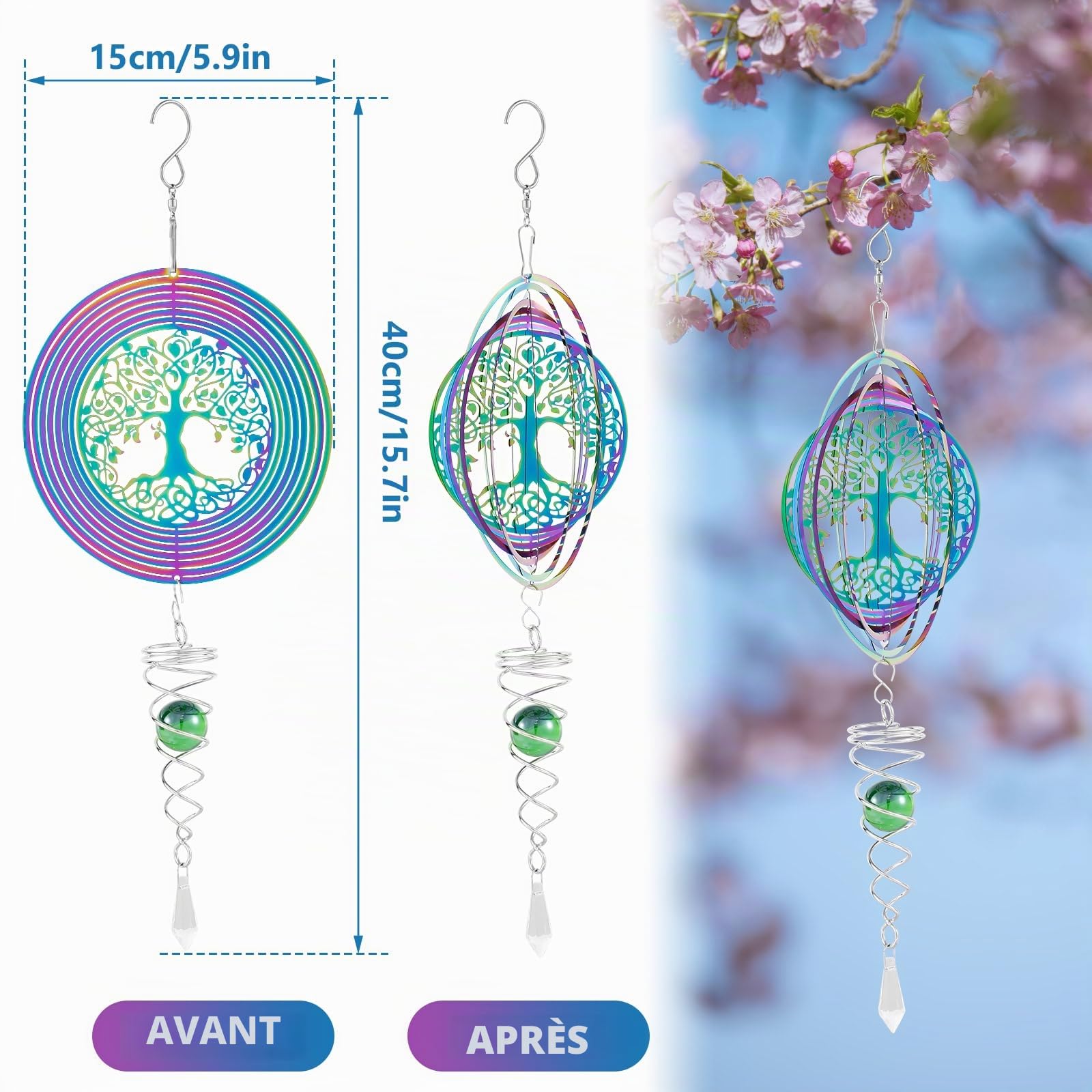 Éolienne à suspendre en acier inoxydable, carillon rotatif 3D, arbre de vie à suspendre avec queue en spirale, décoration d'extérieur en métal à suspendre pour jardin, terrasse