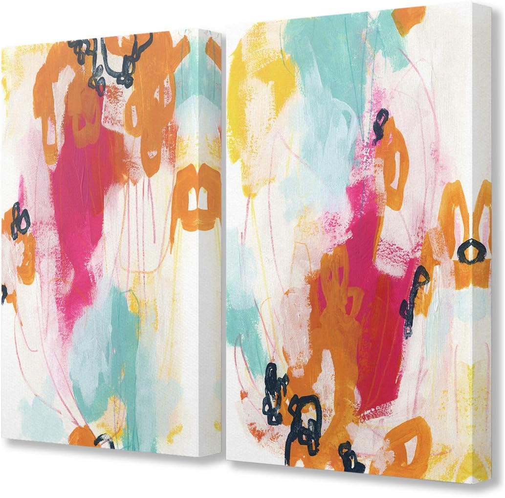 Stupell Industries Bright Neon Pink and Aqua Blue Abstract Painting Canvas Wall Art, 2pc Each 16 x 20, Multi-Color Gallery Wrapped Canvas 2pc each 16 x 20