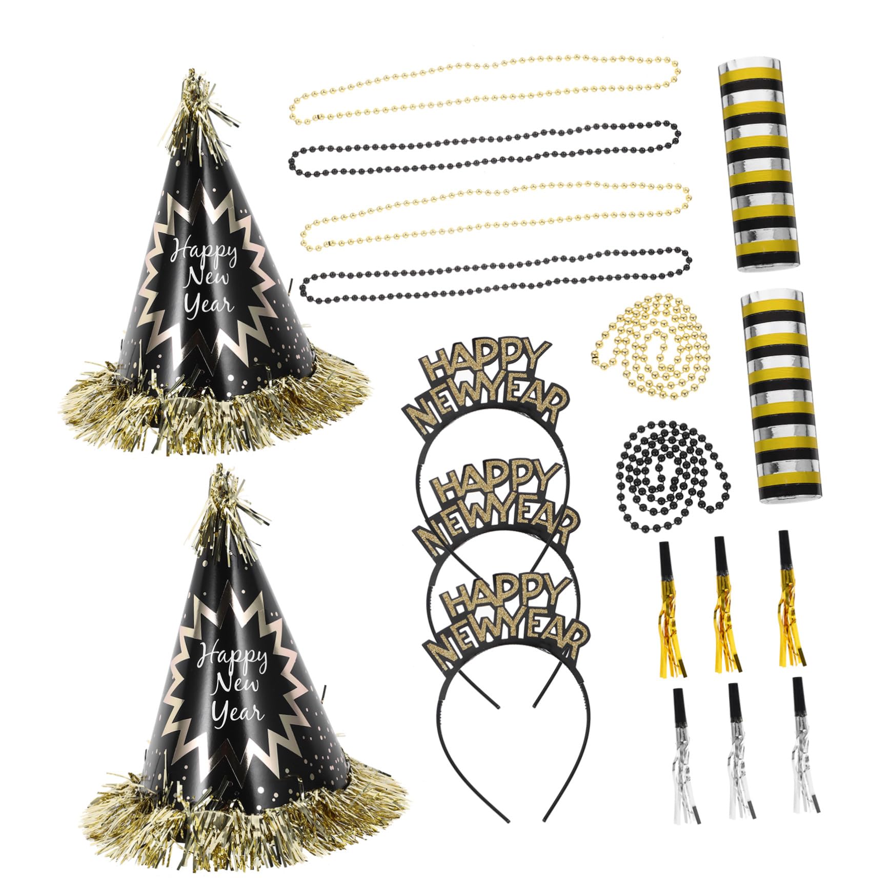 Neujahrs-partyset mit Silvesterhüten Kegelhüten Perlenketten und Haarreifen in Schwarz-gold für Festliche Dekoration und Kleine Geschenke zum Jahreswechsel