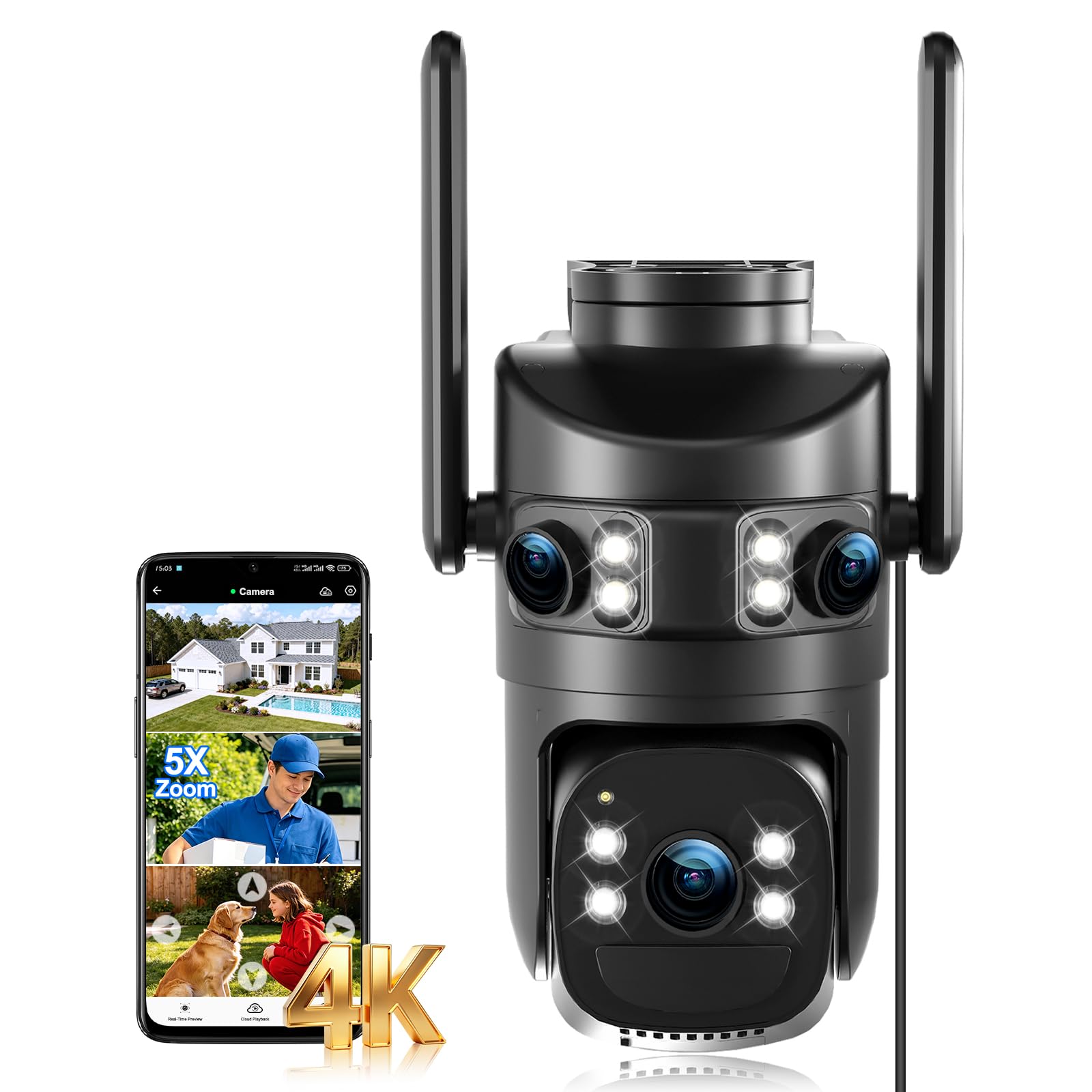 4K Caméra de Surveillance WiFi Extérieure,Triple Objectif Camera Extérieur | 360° PTZ Sécurité à Domicile,Suivi Automatique,Vision Nocturne Couleur,Audio Bidirectionnel,IP66