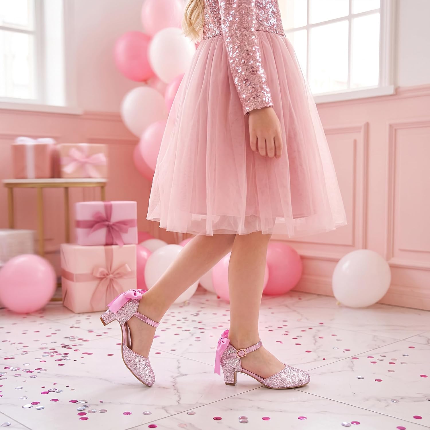 Furdeour Dress Shoes for Girls Heels Kids Princess Bow Pumps Flower Girl