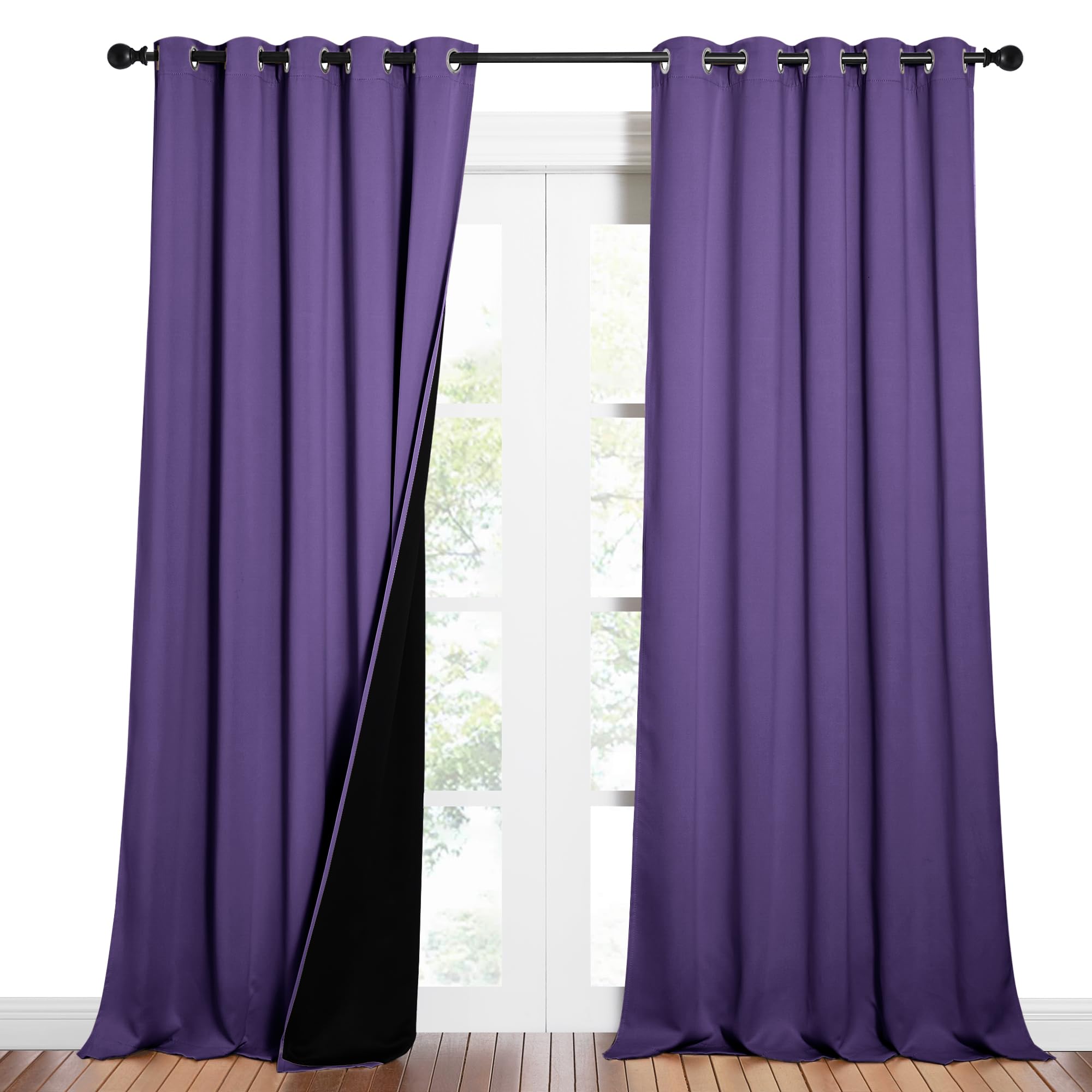 NICETOWN Total Shade Curtains and Draperies, Heavy-Duty Full Light Shading Drapes with Black Liner Backing for Villa/Hall/Dorm Window（Lilac Purple, Package of 2 Panels, 62 inches Wide x 95 inches Long