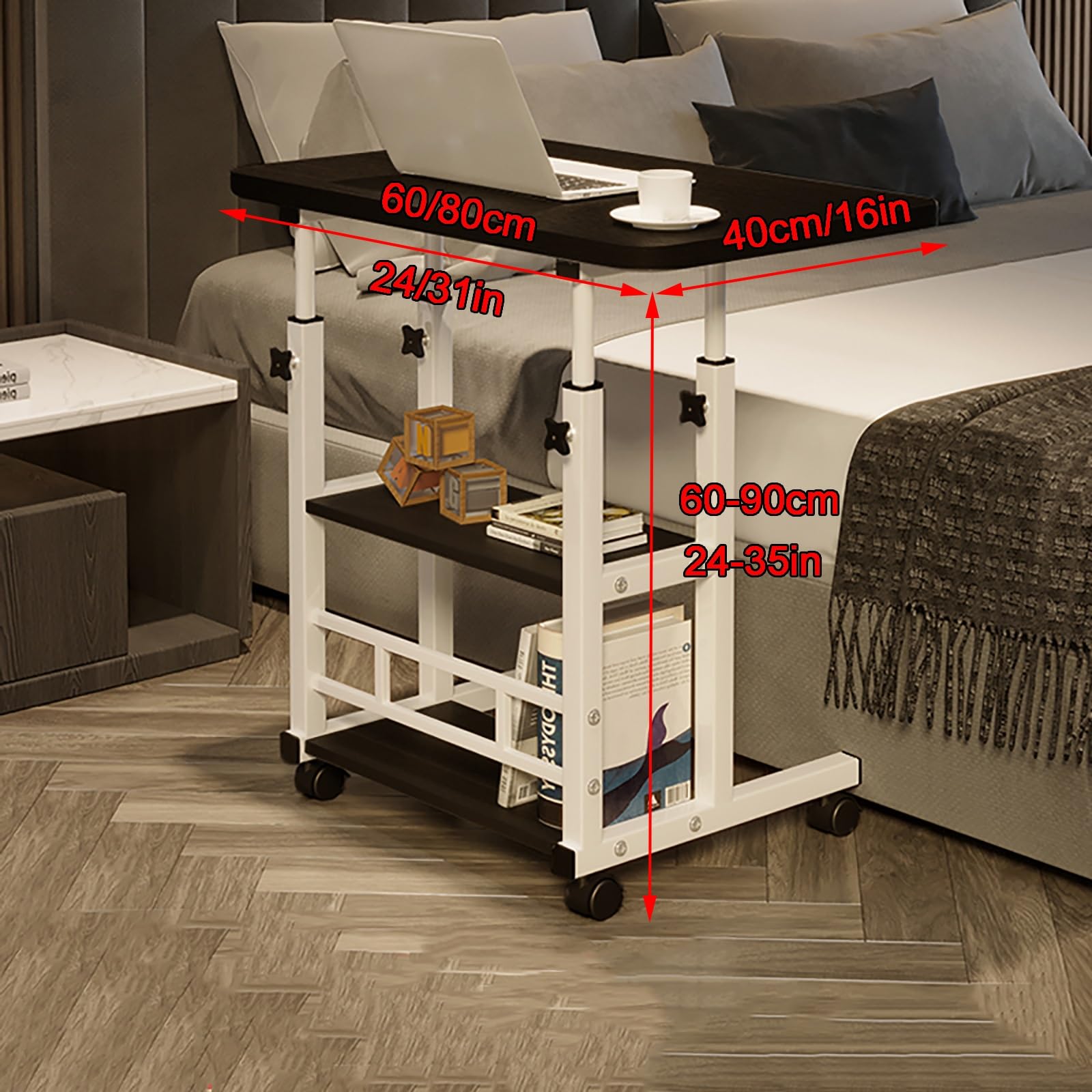Scrivania mobile regolabile in altezza con ruote, a forma di C, comodino e vassoio TV con ripiani per divano, dimensioni 60 x 40 cm