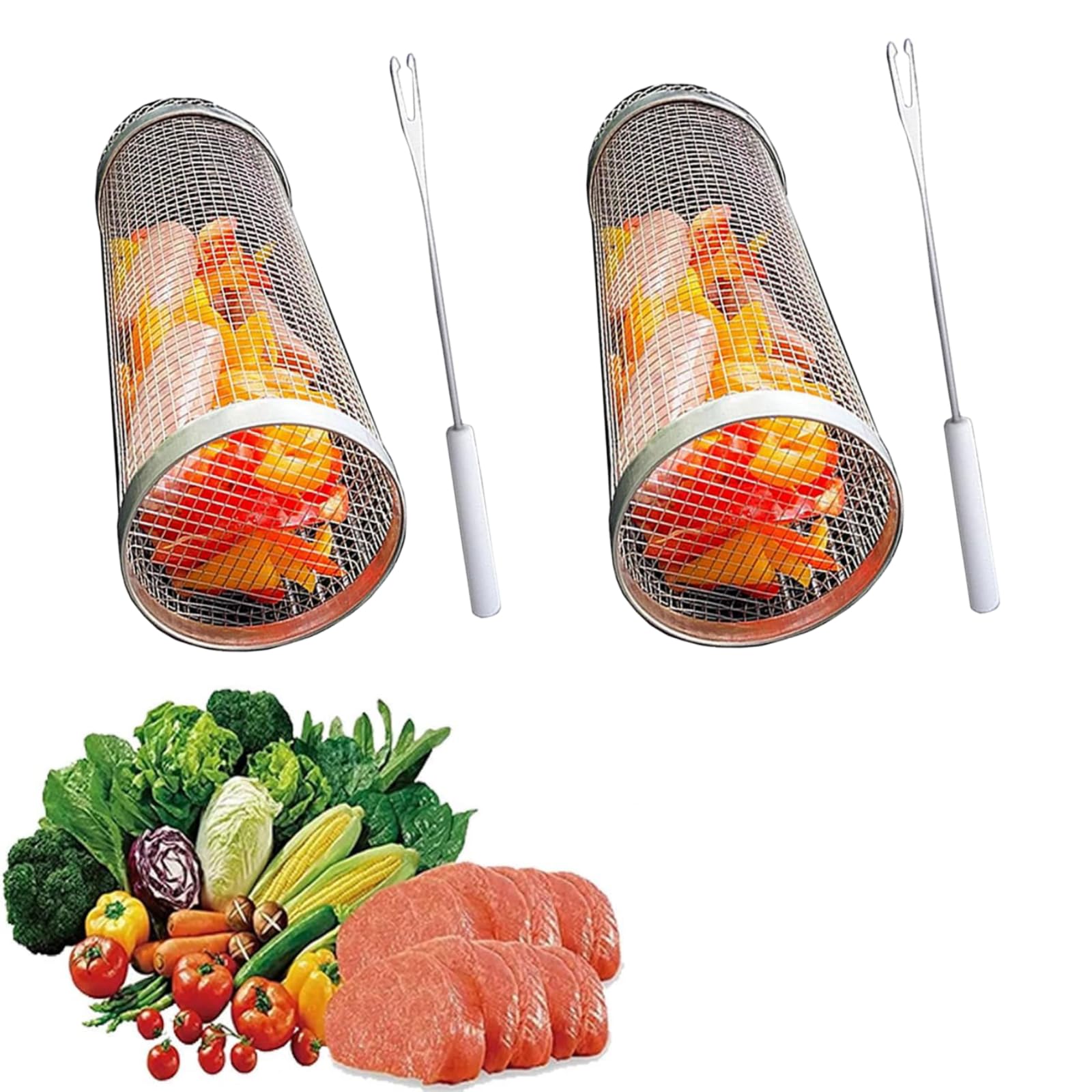 Grill Baskets For Outdoor Grill,11.8in,304 Stainless Steel Wire Mesh Cylinder Grilling Basket,Rolling Grilling Basket For Outdoor Grill, French Fries, Fish Grilling Tools, Barbecue Accessories (2Pcs)