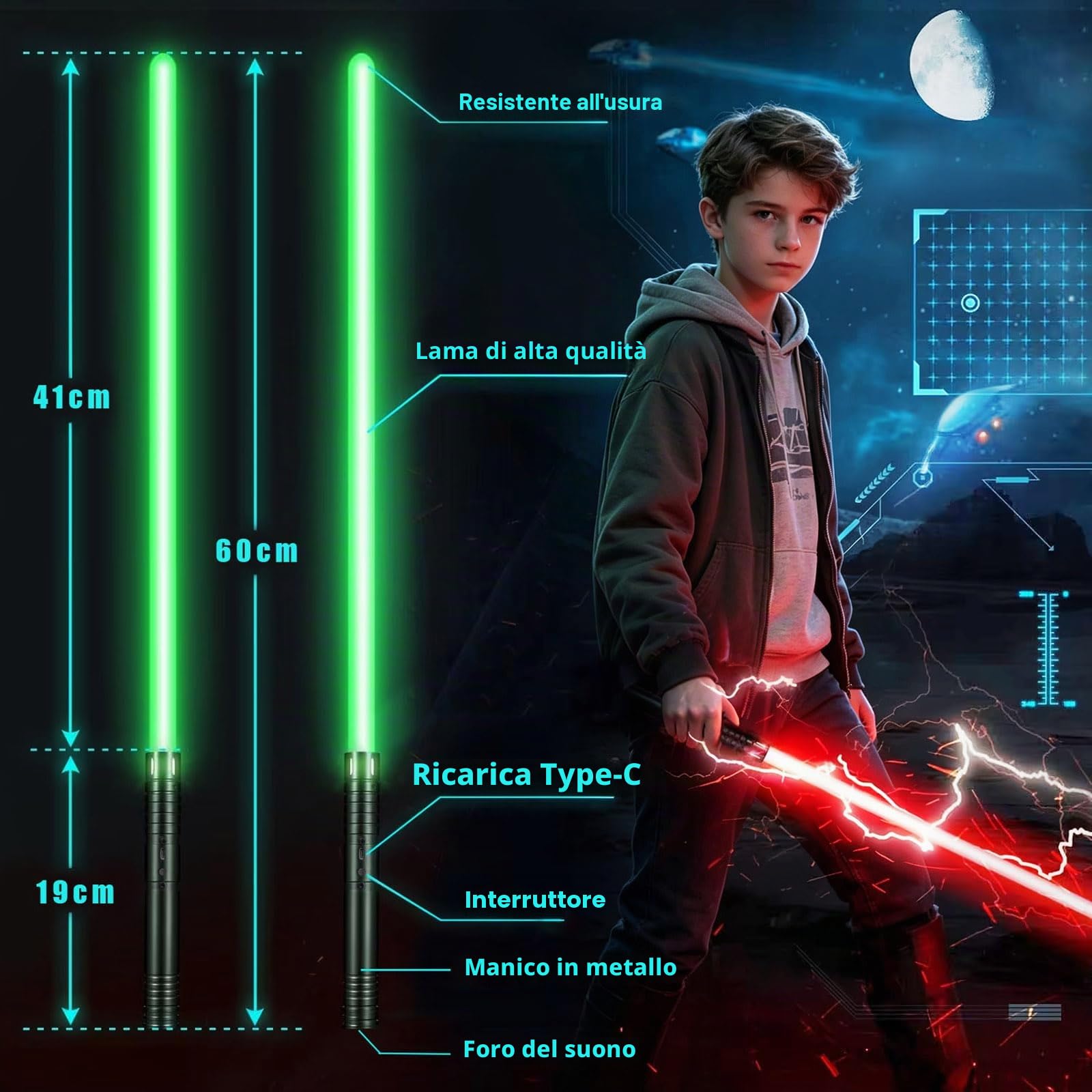 Spada Laser, Spade Laser Bambino con 15 Colori, Lightsaber Duello per 4 modalità Suoni, Spada Laser Ricaricabile USBC con Manico Metallico, Spade Laser per Halloween, Regalo di Natale (Nero 2PC)