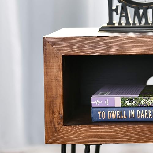 Miniatura 9 de WELLAND Mesita de noche de madera de pino maciza, mesa auxiliar con patas de metal, 15.5 pulgadas de largo x 13.5 pulgadas de ancho x 22 pulgadas de