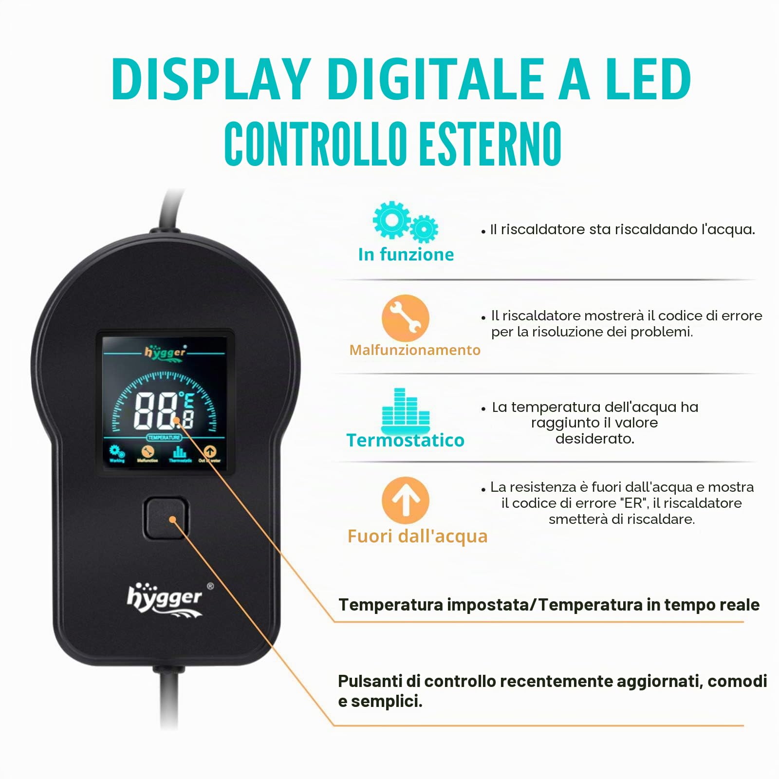 hygger Riscaldatore acquario, 500 W, 800 W, scaldabagno subacqueo, con regolatore di temperatura digitale a LED, riscaldamento rapido per 60 ~ 180 galloni per acqua salata e dolce