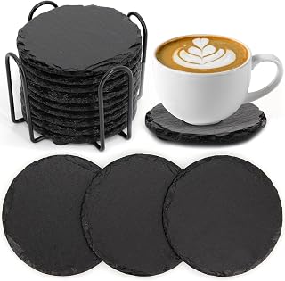9 Pack Slate Coasters, BUYAOBL Round Coaster Set with Holder Handmade Stone Coaster for Bar Kitchen Home Decor, 4" Inches in Diameter, Black Round